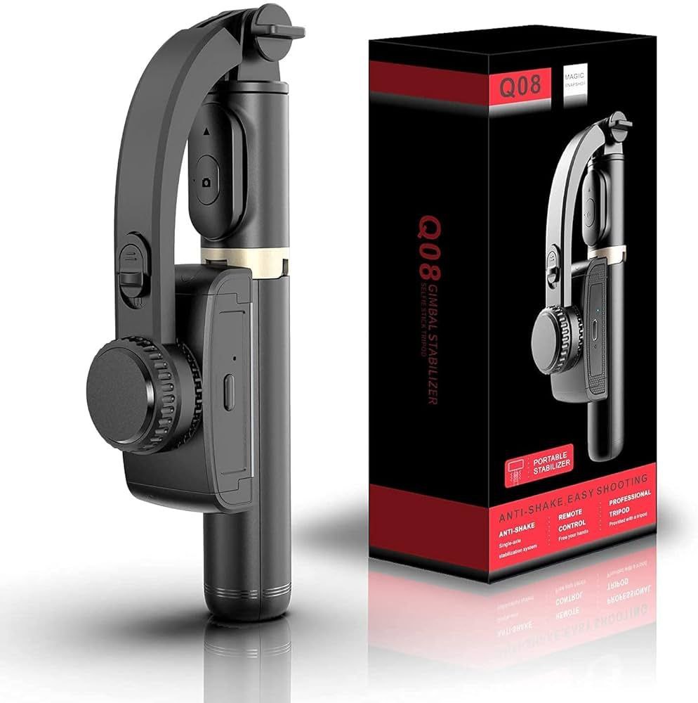 Q08 Mini Gimbal Anti-Shake 1-Axis STABILIZER Extendable Selfie Stick Tripod, Wireless Remote for Smartphone, Black