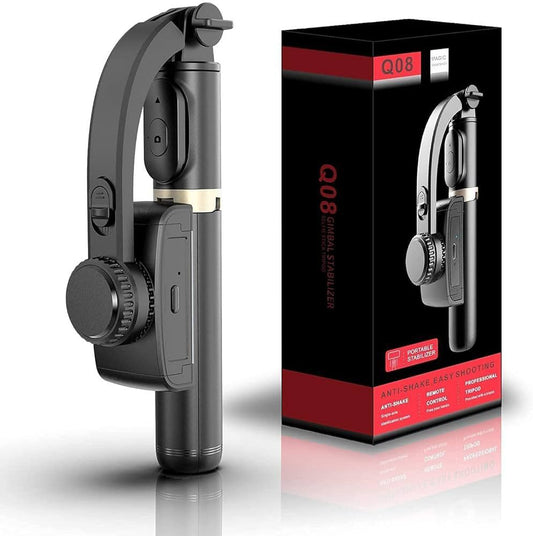 Q08 Mini Gimbal Anti-Shake 1-Axis STABILIZER Extendable Selfie Stick Tripod, Wireless Remote for Smartphone, Black