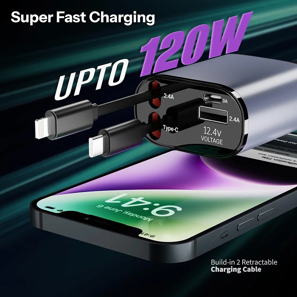 120W Fast Car Charger (2025 New Version) with 80CM Retractable – Simultaneous Charging for 4 Devices