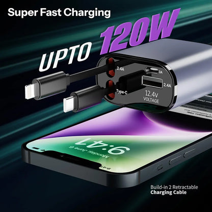 120W Fast Car Charger (2025 New Version) with 80CM Retractable – Simultaneous Charging for 4 Devices