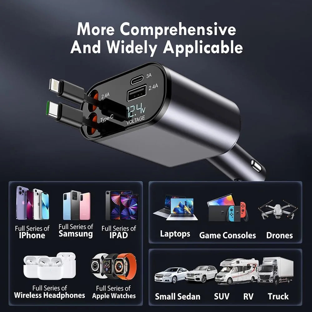 120W Fast Car Charger (2025 New Version) with 80CM Retractable – Simultaneous Charging for 4 Devices