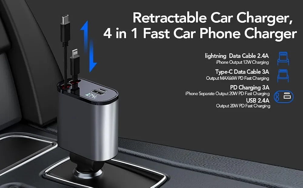 120W Fast Car Charger (2025 New Version) with 80CM Retractable – Simultaneous Charging for 4 Devices