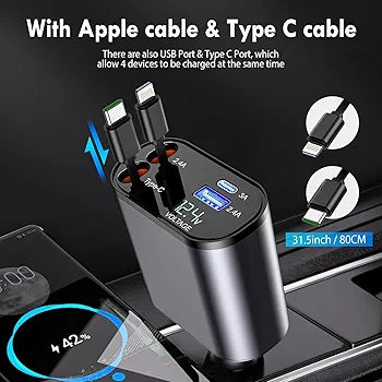 120W Fast Car Charger (2025 New Version) with 80CM Retractable – Simultaneous Charging for 4 Devices